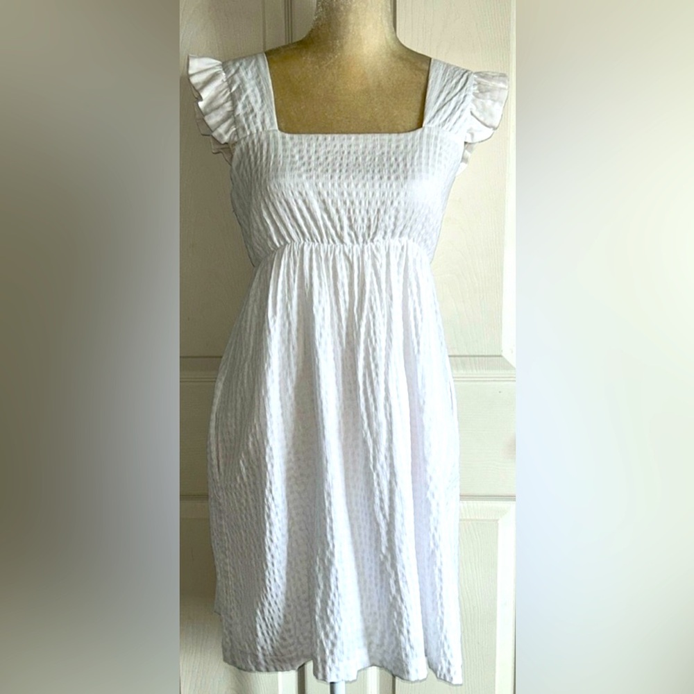 Gianni Bini GB White Square Neck Flutter Sleeve Seersucker Dress Sz S Feminine
